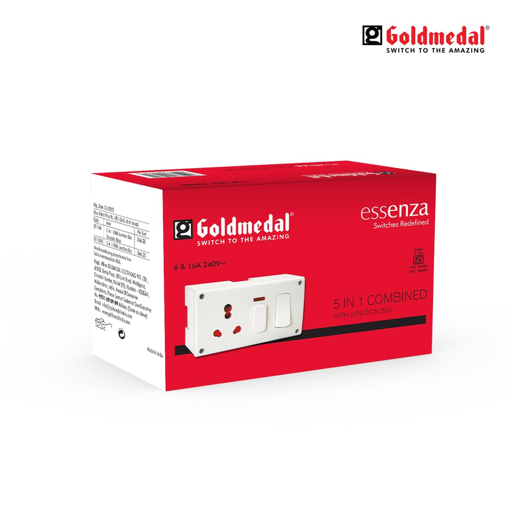 Goldmedal Essenza 16A 5-in-1 Modular Socket with Switch, Indicator & Porcelain Junction Box – White