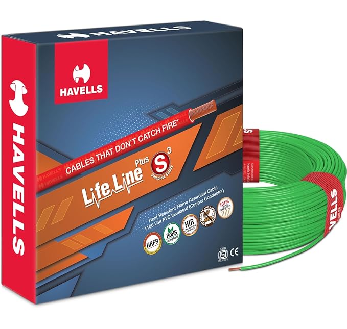 Havells Lifeline+ S3 2.5 sq.mm Copper Wire (90m, Green) | Flame & Heat Resistant Class 2 Cable