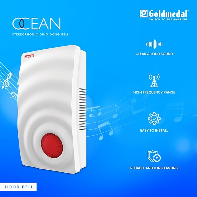 Goldmedal Ocean Stereophonic Ring Door Bell | Wall Mounted Ding Dong Calling Bell for Home, Office & School | White & Red