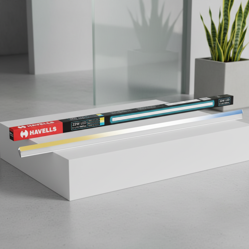 Havells 22W LED Batten with packaging in modern setting